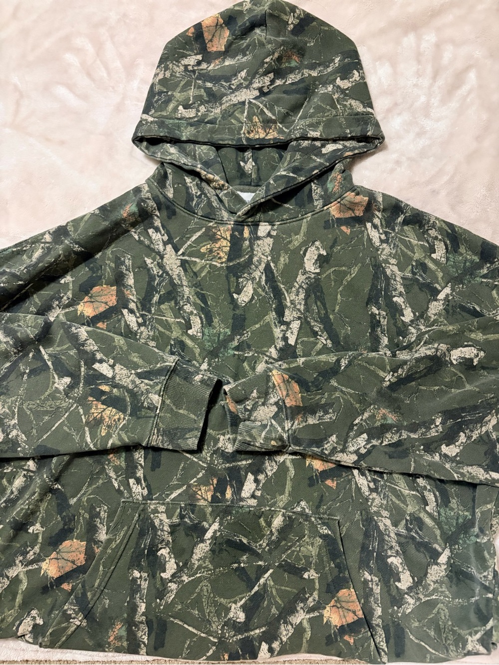 No Boundaries Women's Green Camo Hooded Sweatshirt with Tan Accents